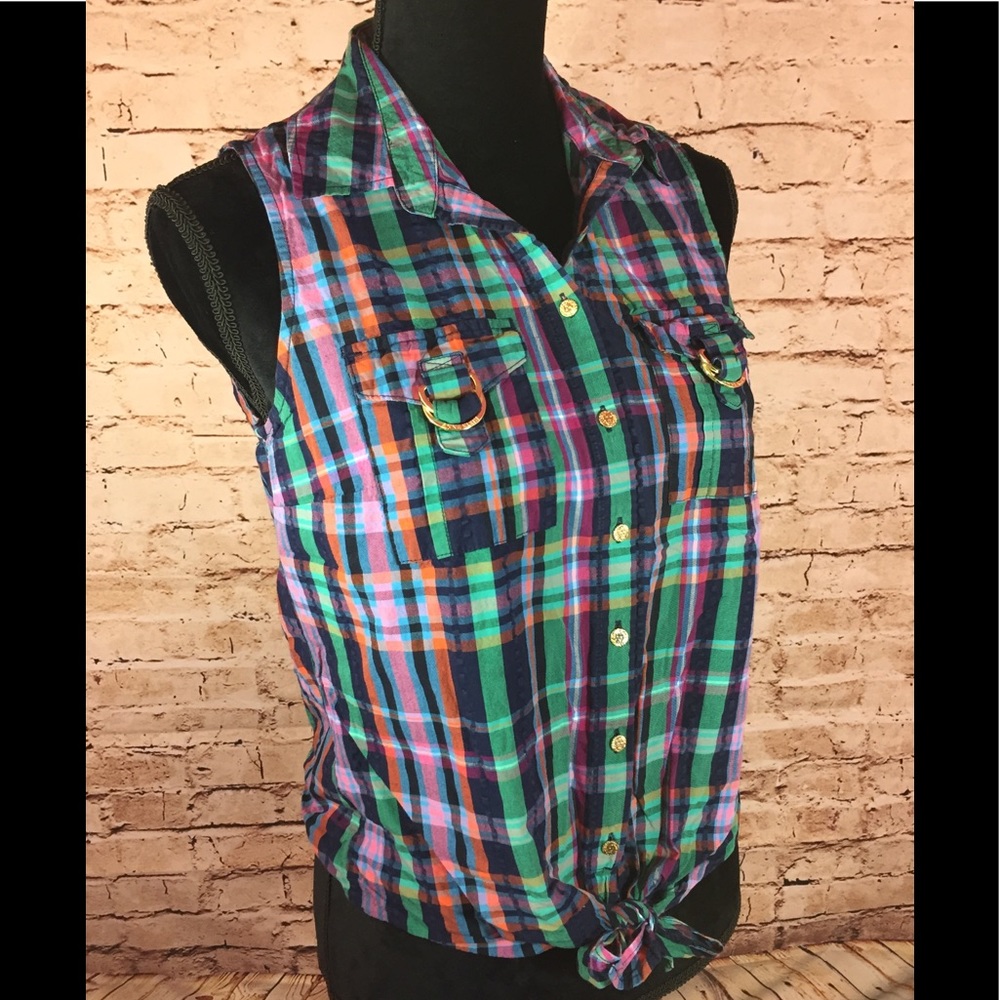 ANNE KLEIN Plaid Blouse Country Casual Top Small